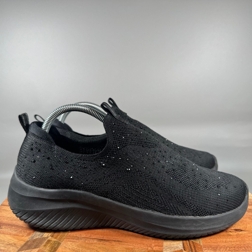 Skechers Women 10 Black Rhinestone Slip On Walking Shoes Memory Foam 150172 BBK